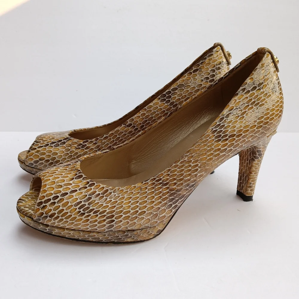 Stuart Weitzman Plainfield Snake Embossed Genuine Leather Peep Toe Heels